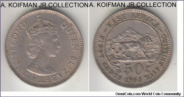KM-36, 1955 East Africa 50 cents, Heaton mint (H mint mark); copper nickel, reeded edge; Elizabeth II, scarcer mint, good extra fine.