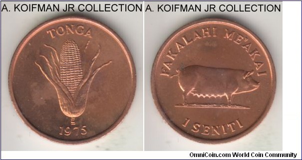 KM-42, 1975 Tonga seniti; bronze, plain edge; Taufa'ahau Tupou IV ruler, 2 year type, red uncirculated, couple of toning places.