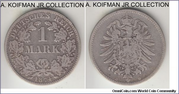 KM-7, 1874 Germany (Empire) mark, Munich mint (D mint mark); silver, reeded edge; Wilhelm I, very good to fine.