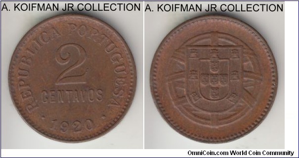 KM-568, 1920 Portugal 2 centavos; bronze, plain edge; 3-year early Republican type, brown almost uncirculated.