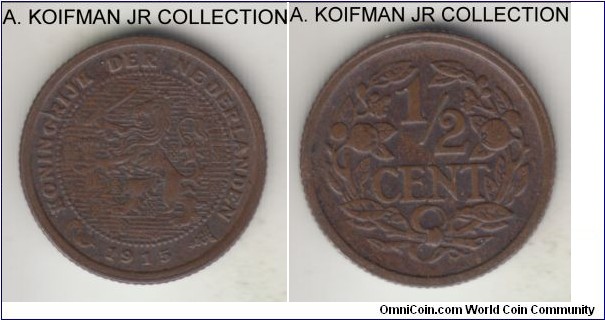 KM-138, 1915 Netherlands 1/2 cent; bronze, reeded edge; Wilhelmina I, scarcer year of the type, good very fine or so.
