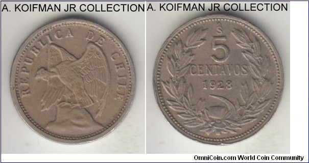 KM-165, 1928 Chile 5 centavos; copper-nickel, plain edge; defiant condor on the rock, good very fine to extra fine.