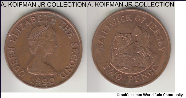 KM-55, 1990 Jersey 2 pence; bronze, plain edge; Elizabeth II, modern circulation coinage, good extra fine.