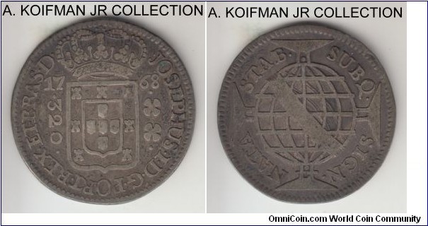 KM-192.2, 1768 Brazil (Colony) 320 reis; silver, laurel corded edge; Joseph I, high crown variety, dot after Q wuth Q in SUBQ and B in STAB cut in Tuscan bifurcated lettering style, combined mintage 47,000.