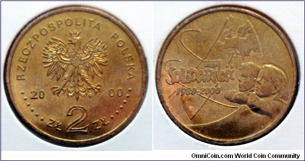 Poland 2 złote.
2000, 20th Anniversary of forming the Solidarity Trade Union. Nordic gold. Weight; 8,15g. Diameter; 27mm. Mintage: 750.000 pcs.