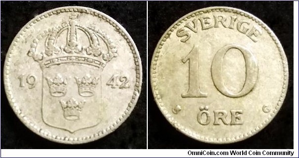 Sweden 10 ore.
1942 G, Ag 400.