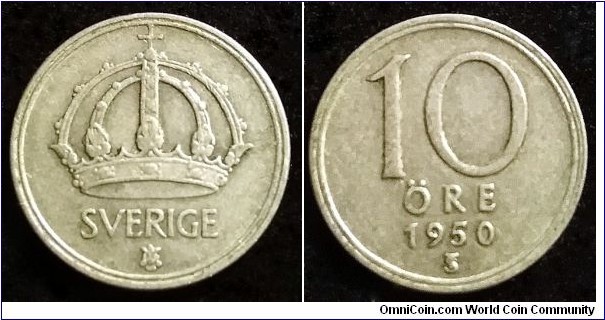 Sweden 10 ore.
1950 TS, Ag 400.