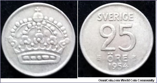 Sweden 25 ore. 1954 TS, Ag 400. (III)