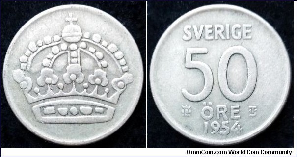 Sweden 50 ore.
1954 TS, Ag 400.