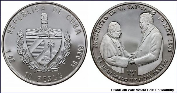 10 Pesos - Fidel Castro visit to Vatican. 31,1g Ag 999.