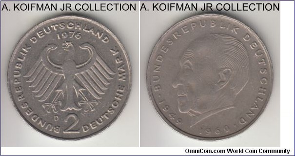 KM-124, 1976 Germany (Federal Republic) 2 mark, Munich mint (D mint mark); copper-nickel, lettered edge; Konrad Adenauer circulation commemorative, good very fine to extra fine.