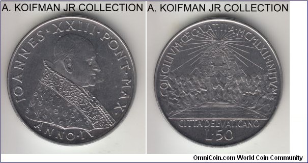 KM-72, 1962 Vatican 20 lire; stainless steel, reeded edge; Year IV of John XIII, 1-year special issue for the Second Ecumenical Counsel, mintage 200,000, nice choice uncirculated from original souvenir set.