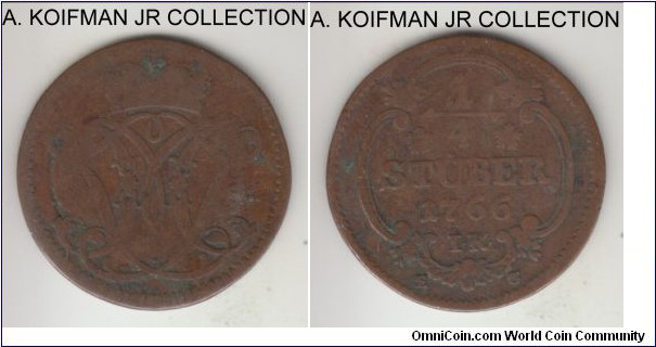 KM-161, 1766 EG-IK German State Archbishopric of Cologne 1/4 stuber; copper; Maxmilian Friedrich v Konigseck, very good to fine.