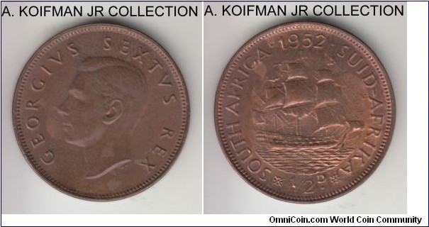 KM-33, 1952 South Africa (Dominion) half penny; bronze, plain edge; George VI last type and year and common, business strike, mostly brown uncirculated, uneven toning.