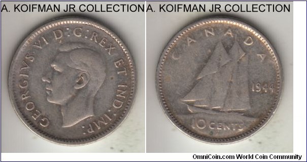 KM-34, 1944 Canada 10 cents; silver, reeded edge; George VI, average circulated.