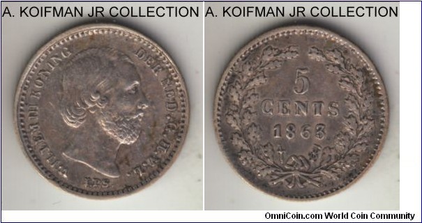 KM-91, 1863 Netherlands 5 cents; silver, reeded edge; Willem III, larger mintage, extra fine or almost, obverse is nice with pretty cabinet toning.