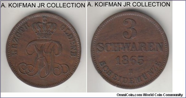 KM-191, 1865-B Oldenburg (German State) 3 schwaren, Hanover mint (B mint mark); copper, plain edge; Duke Nicolaus Friedrich Peter, mintage 60,000, extra fine or so.