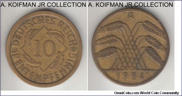 KM-33, 1924 Germany (Weimar Republic) 10 rentenpfennig, Berlin mint (A mint mark); aluminum-bronze, plain edge; early Weimar type, about very fine.