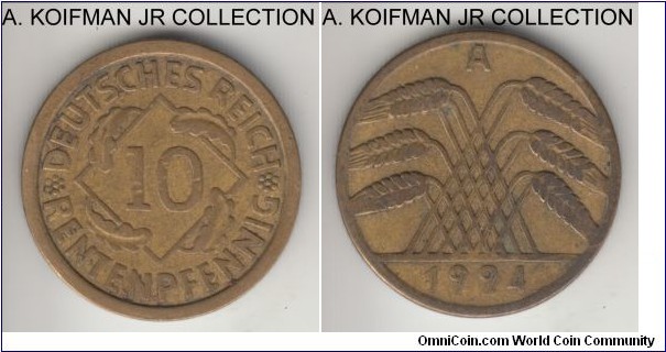KM-33, 1924 Germany (Weimar Republic) 10 rentenpfennig, Berlin mint (A mint mark); aluminum-bronze, plain edge; early Weimar type, about very fine.