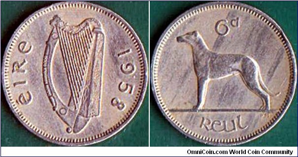 Ireland 1958 6 Pence.