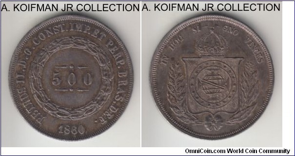 KM-464, 1860 Brazil (Empire) 500 reis; silver reeded edge; Pedro II, variety with standard date, unusually dark toned good extra fine coin.