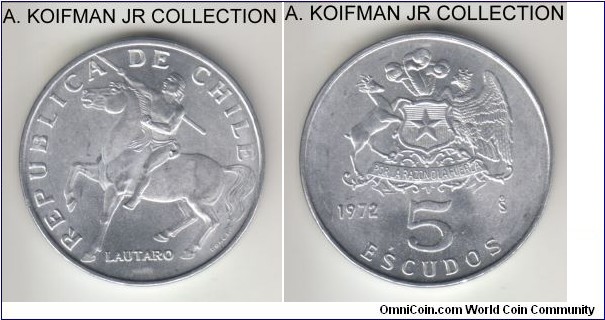 KM-199a, 1971 Chile 5 escudos; aluminum, plain edge; short 1-year type, bright uncirculated.