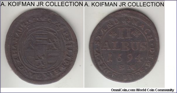 KM-98, 1694 German State Hanau-Lichtenberg 2 albus; silver; Count Philipp Reinhard, scarce 2-year type, uneven flan but fully detailed and well struck coin, very fine or almost, dark toned.