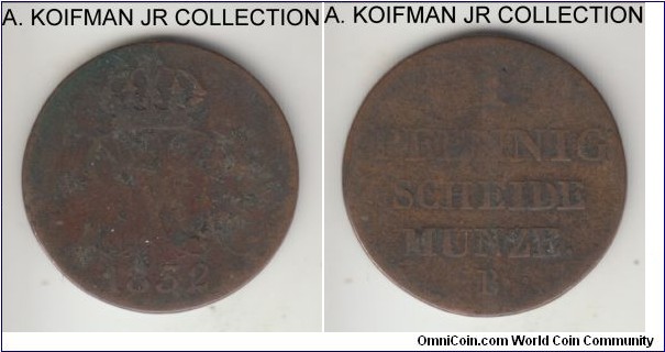 KM-150.2, 1832 German States Hannover pfennig, Hannover mint (B mint mark); copper, plain edge; Wilhelm IV, worn, good or about.