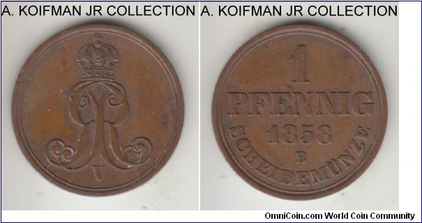 KM-233, 1858 German States Hannover pfennig, Hanover mint (B mint mark); copper, plain edge; King George V, brown extra fine or so.