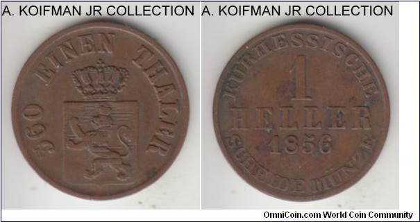 KM-613, 1856 German States Hesse-Kassel heller; copper, plain edge; Elector Friedrich Wilhelm, less common year, very fine or so, dirty reverse.