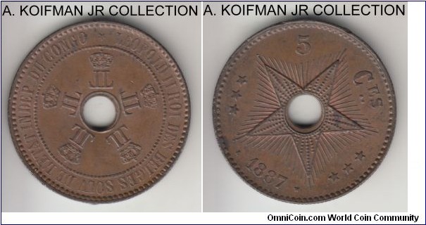 KM-3, 1887 Congo Free State (Belgian Congo) 5 centimes; copper, reeded edge; Leopold II, light brown uncirculated, tiny edge bump.