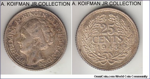 KM-164, 1943 Netherlands 25 cents, Philadelphia mint (P mint mark); silver, reeded edge; Wilhelmina I, acorn privy mark, circulation issue for unoccupied Dutch possessions, toned good extra fine, great looking hair.