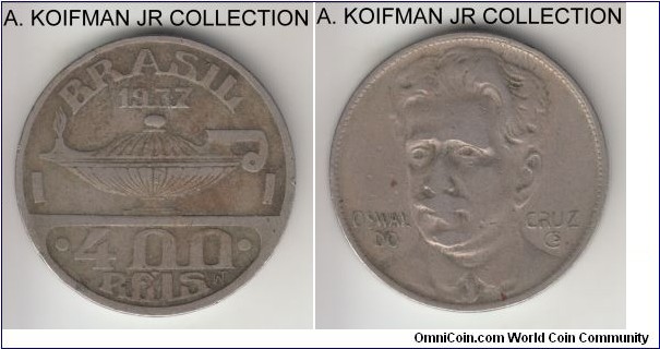KM-539, 1937 Brazil 400 reis; copper-nickel, plain edge; Osvaldo Cruz circulation commemorative, average circulated.
