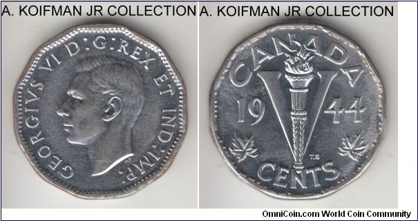 KM-30a, 1944 Canada 5 cents; chronium plated steel, dodecagonal (12-sided) flan, plain edge; George VI, Victory nickel, almost uncirculated.