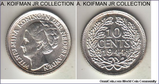 KM-163, 1944 Netherlands 10 cents, Philadelphia mint (P mint mark); silver, reeded edge; Wilhelmina I, acorn privy mark, circulation issue for unoccupied Dutch possessions, bright white uncirculated.