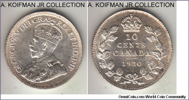 KM-23a, 1930 Canada 10 cents; silver, reeded edge; George V, common but nice and bright uncirculated coin.