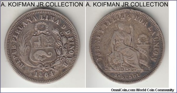 KM-191, 1864 Peru 1/5 of sol; silver, reeded edge; good fine.