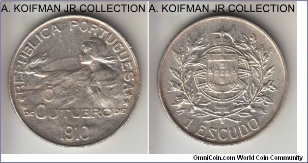 KM-560, 1910 Portugal escudo; silver, reeded edge; birth of the Republic circulation commemorative issue struck in 1914, 1-year type, pleasant good extra fine with promimemt and detailed castles, possibly cleaned old time ago but no hairlines.