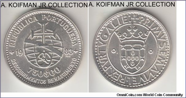 KM-621, 1983 Portugal 750 escudos; silver, reeded edge; XVII European Art Exhibition commemorative, average uncirculated.