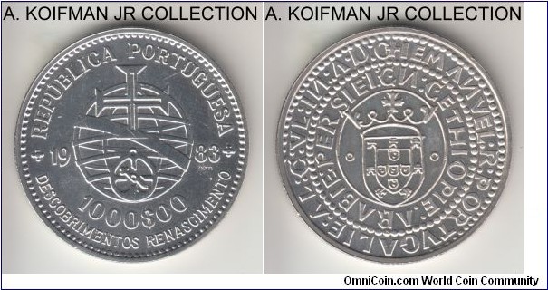 KM-622, 1983 Portugal 1000 escudos; silver, reeded edge; XVII European Art Exhibition commemorative, average uncirculated.