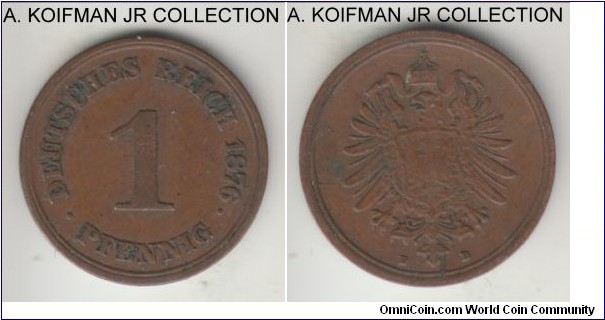 KM-1, 1876 Germany pfennig, Munich mint (D mint mark); copper, plain edge; Wilhelm I, first post-unification issue, very fine or so.