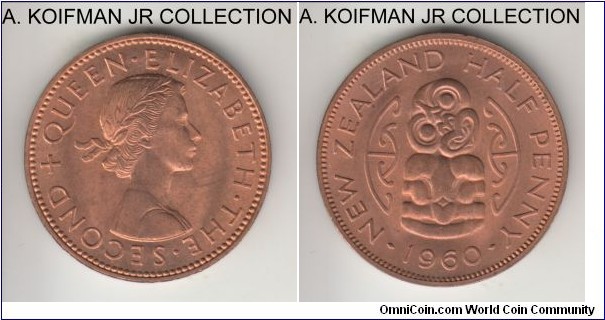 KM-23.2, 1960 New Zealand 1/2 penny; bronze, plain edge; Elizabeth II, mostly red choice uncirculated.