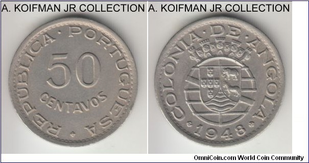KM-72, 1950 Portuguese Angola 50 centavos; nickel-bronze, plain edge; 2-year type, good extra fine to almost uncirculated details, possibly old cleaning.