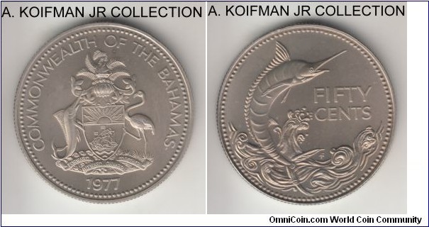 KM-64, 1974 Banamas 50 cents, Franklin Mint (FM mint mark in minogram); copper-nickel, reeded edge; matte finish, one of the 1,200 coins minted in sets, gem uncirculated.