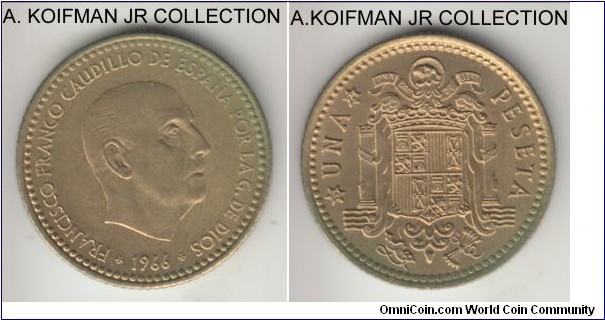 KM-796, 1966(74) Spain peseta, Madrid mint (6 point star); aluminum-bronze, reeded edge; Francisco Franco, common circulation coinage, average uncirculated, toned obverse, bright reverse.