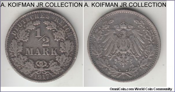 KM-17, 1917 Germany (Empire) 1/2 mark, Mildenhutten mint (E mint mark); silver, reeded edge; Wilhelm II imperial coinage, good fine to very fine.