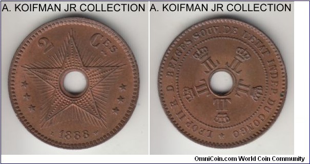 KM-2, 1887 Congo Free State (Belgian Congo) 2 centimes; copper, reeded edge; Leopold II, nice choice uncirculated, light brown with some red.