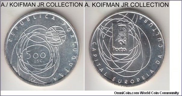 KM-733, 2001 Portugal 500 escudos, INCM mint (INCM mint mark in script); silver, reeded edge; 1-year commemorative, celebration Porto European Culture Capital, bright uncirculated.