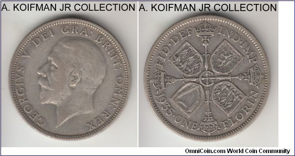 KM-834, 1935 Great Britain florin; silver, reeded edge; late George V, very fine or almost.