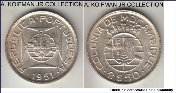 KM-68, 1951 Portuguese Mozambique (Colony) 2.5 escudo; silver, reeded edge; last year of the type, mostly brilliant uncirculated.